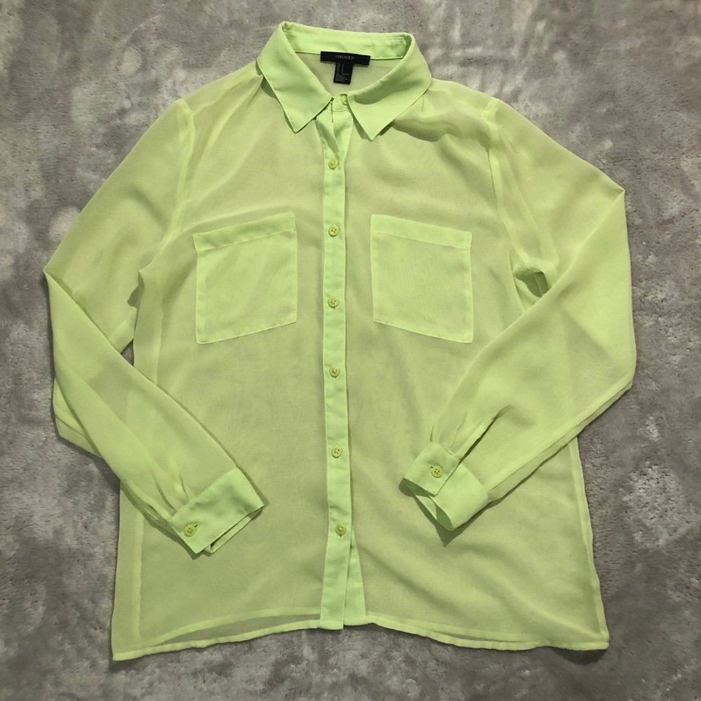 Lime Green, long Sleeve, See-Through, Button Down